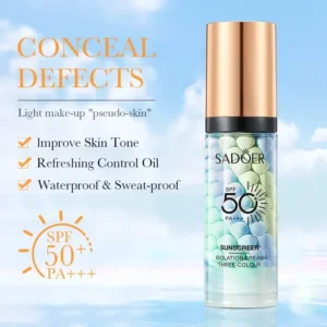 SADOER SPF 50 PA+++ Sunscreen Isolation Cream bottle featuring tri-colour beads for skin tone correction.