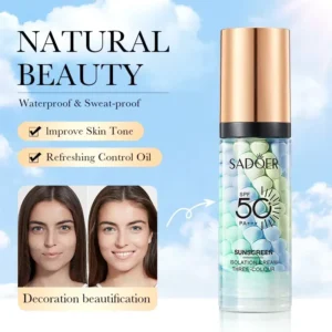 SADOER SPF 50 PA+++ Sunscreen Isolation Cream bottle with a model's before and after results.