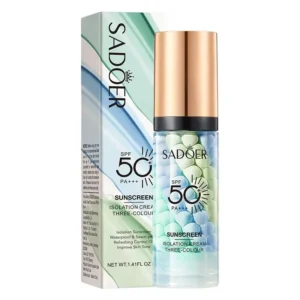 SADOER SPF 50 Sunscreen Isolation Cream bottle and box featuring tri-colour tone-correcting pearls.