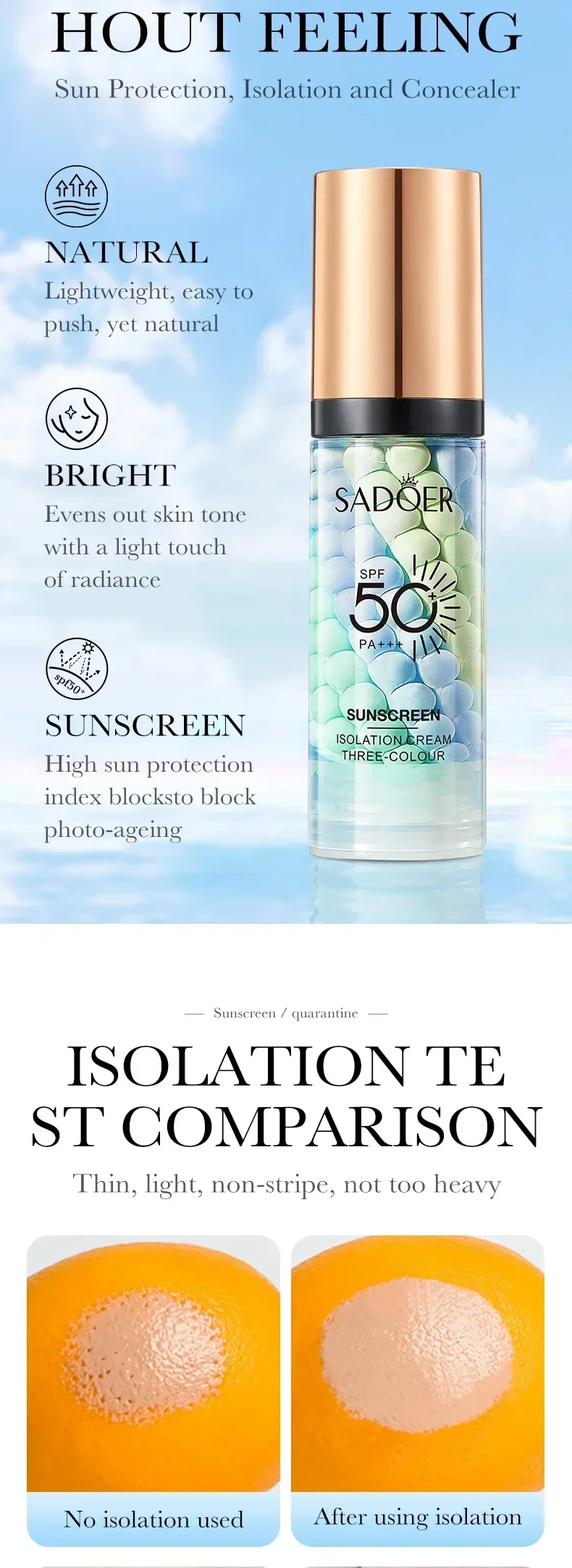 SADOER SPF 50 PA+++ Sunscreen Isolation Cream product information