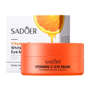 SADOER Vitamin C Eye Mask Patches packaging and orange tub to brighten and hydrate under-eyes.