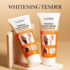 Two tubes of SADOER Whitening Hand Cream on stone slabs for brightening and moisturizing care.