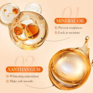 Golden droplets showcasing mineral oil and xanthan gum ingredients for SADOER Whitening Hand Cream.