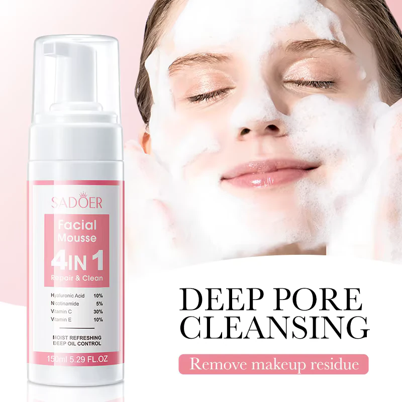 SADOER 4-in-1 Facial Cleansing Mousse bottle with a woman applying deep pore cleansing foam.