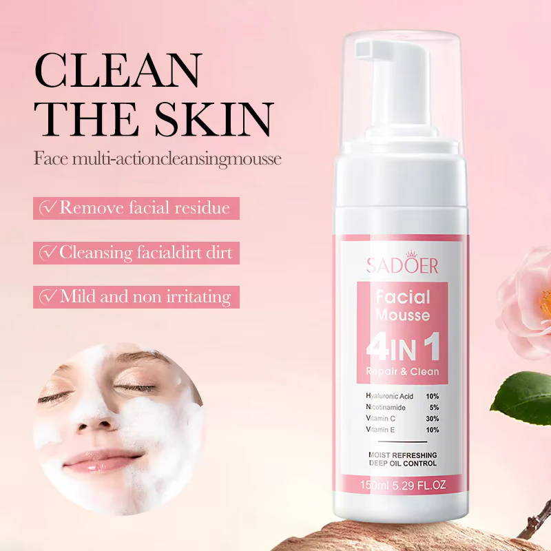 SADOER 4-in-1 Facial Cleansing Mousse bottle and a woman applying the multi-action foaming cleanser.