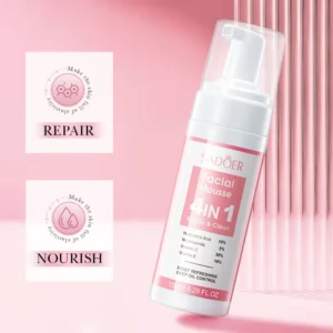 SADOER 4-in-1 Facial Cleansing Mousse bottle highlighting skin repair and nourish benefits on pink background.