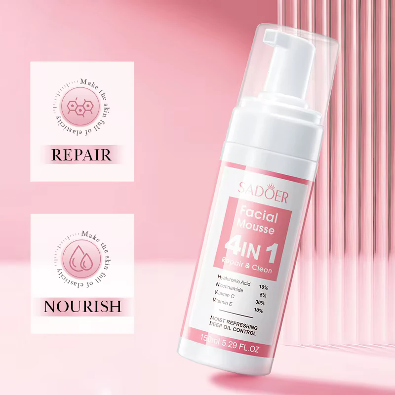 SADOER 4-in-1 Facial Cleansing Mousse bottle highlighting skin repair and nourish benefits on pink background.