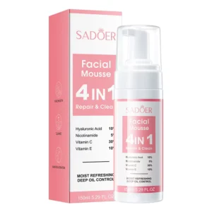SADOER 4-in-1 Facial Cleansing Mousse bottle and pink box featuring Hyaluronic Acid and Niacinamide.