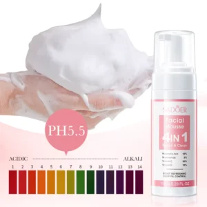 SADOER 4-in-1 Facial Cleansing Mousse featuring rich white foam and a pH 5.5 balance scale.