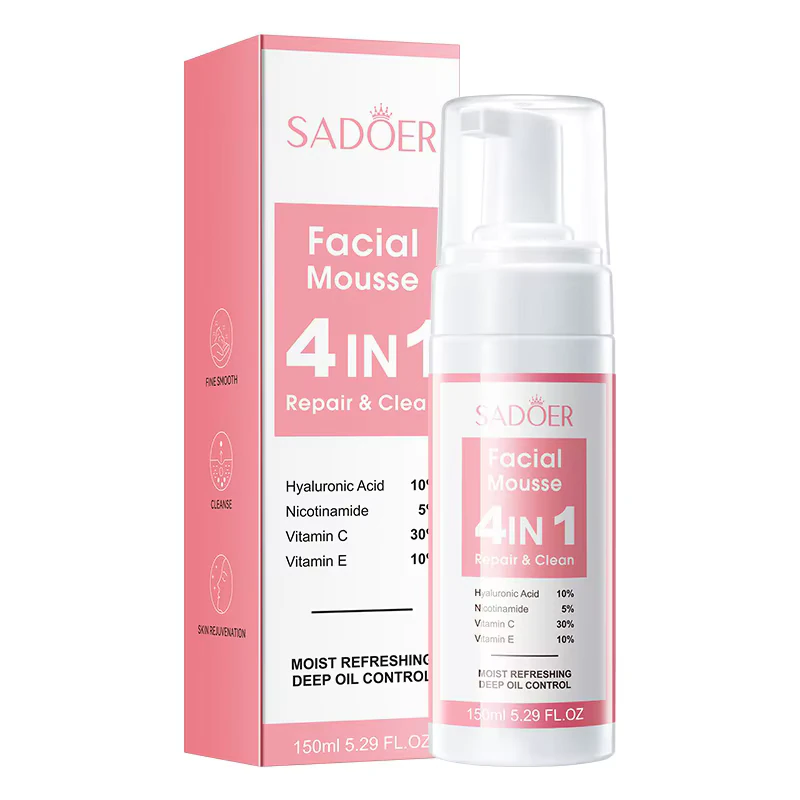 SADOER 4-in-1 Facial Cleansing Mousse bottle and pink box featuring Hyaluronic Acid and Niacinamide.