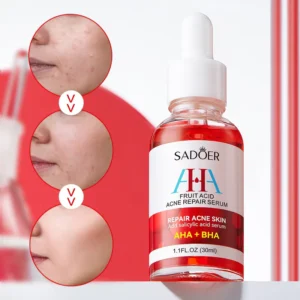 SADOER AHA Fruit Acid Face Serum bottle showing a three-step acne repair skin transformation.