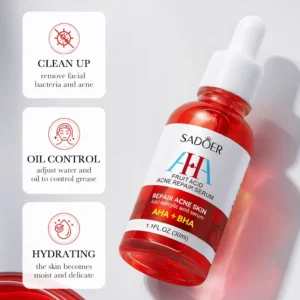SADOER AHA Fruit Acid Face Serum bottle highlighting acne repair, oil control, and hydration benefits.