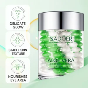 SADOER Aloe Vera Eye Cream jar with green and white capsules for nourishing repair.