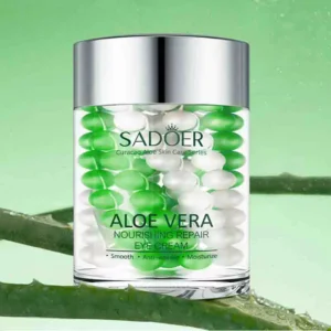 SADOER Aloe Vera Eye Cream jar with nourishing green and white capsules on aloe leaves.