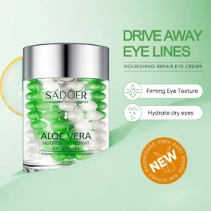 SADOER Aloe Vera Eye Cream jar with green and white beads for hydrating and firming eyes.