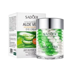 SADOER Aloe Vera Eye Cream jar with green capsules next to the product packaging box.