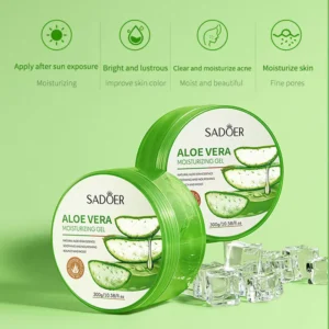 Two jars of SADOER Aloe Vera Moisturizing Gel with cooling ice cubes and skincare benefits.