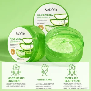 SADOER Aloe Vera Moisturizing Gel jars showing texture and benefits for hydrating and soothing skin.