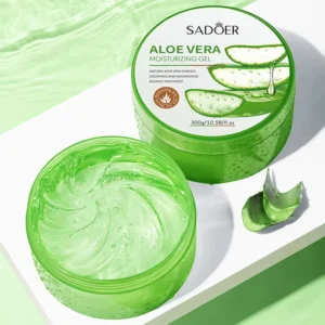 SADOER Aloe Vera Moisturizing Gel open and closed jars showing the clear, soothing gel texture.