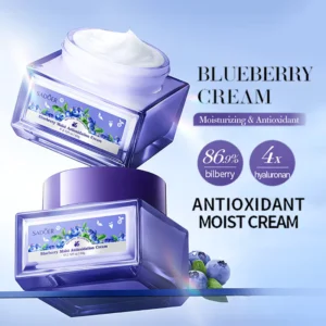 SADOER Blueberry Antioxidant Face Cream jars highlighting bilberry extract and hyaluronan ingredients.