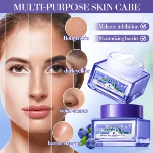 SADOER Blueberry Antioxidant Face Cream infographic showing benefits for rough, dull, and dehydrated skin.