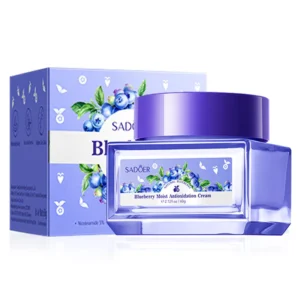 SADOER Blueberry Antioxidant Face Cream jar and packaging with blueberry illustrations on a reflective surface.