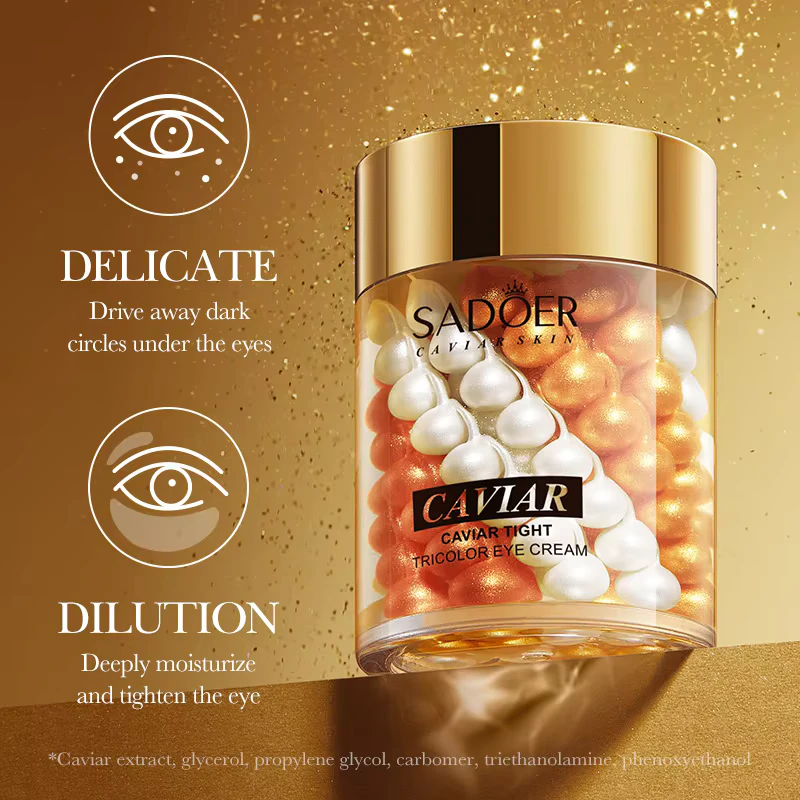SADOER Caviar Tricolor Eye Cream jar with moisturizing capsules to reduce dark circles and puffiness.