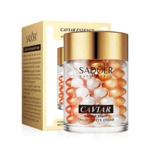 SADOER Caviar Tricolor Eye Cream jar with multi-colored pearls next to its gold packaging box.