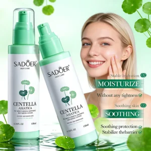 SADOER Centella Asiatica B5 Lotion bottles and a woman applying cream with green leaves.