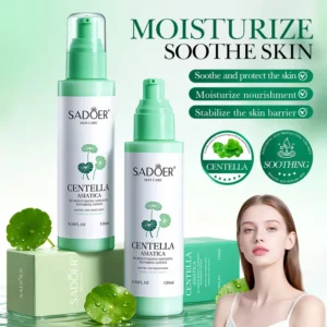 SADOER Centella Asiatica B5 Lotion bottles with fresh leaves and a skincare model.