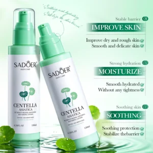 Two bottles of SADOER Centella Asiatica B5 Lotion, highlighting moisturizing and soothing skin benefits.