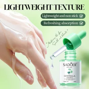 SADOER Centella Asiatica B5 Serum bottle and clear, lightweight liquid texture on a hand.