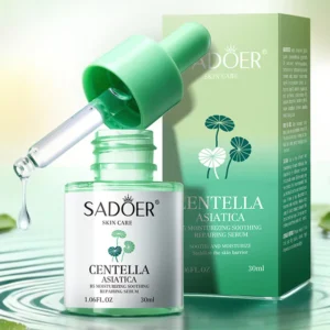 SADOER Centella Asiatica B5 Serum bottle and matching packaging box over green water ripples.