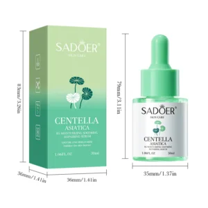 SADOER Centella Asiatica B5 Serum packaging and dropper bottle shown with detailed product dimensions.