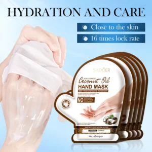 Hand wearing a SADOER Coconut Oil Hand Mask moisturizing glove next to sachet packaging.