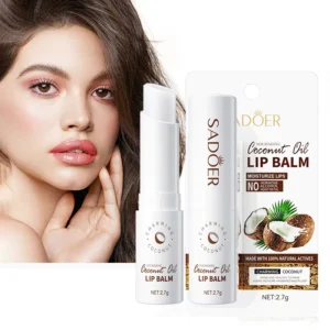 SADOER Coconut Oil Lip Balm product and packaging displayed with a woman's hydrated, smooth lips.