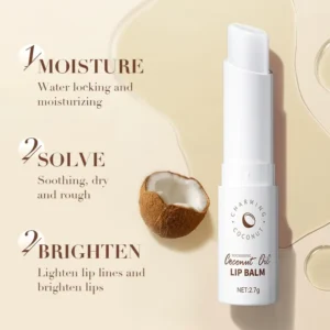 SADOER Coconut Oil Lip Balm infographic highlighting moisturizing, soothing, and lip brightening benefits.