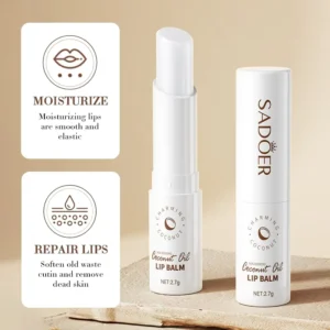 SADOER Coconut Oil Lip Balm tubes highlighting moisturizing and lip repair benefits for healthy lips.