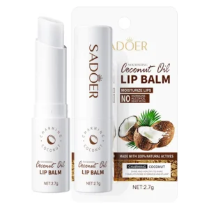 SADOER Coconut Oil Lip Balm tube and retail packaging featuring nourishing natural coconut extract.