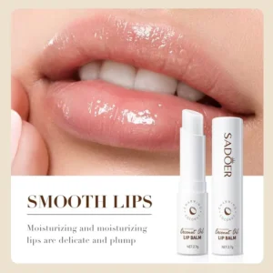 Close-up of smooth, plump lips next to SADOER Coconut Oil Lip Balm for hydrating care.
