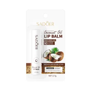 SADOER Coconut Oil Lip Balm in retail packaging featuring nourishing coconut extract for dry lips.