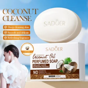 SADOER Coconut Oil Soap Bar and packaging for deep cleaning with a tropical background.