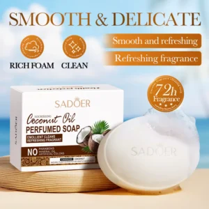 SADOER Coconut Oil Soap Bar and box with rich foam and 72h long-lasting fragrance.