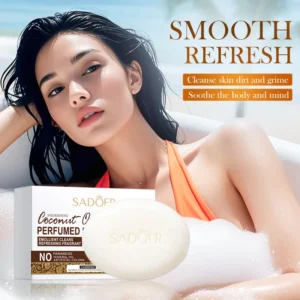 SADOER Coconut Oil Soap Bar shown with a woman enjoying a refreshing, bubbly bath.