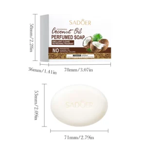 SADOER Coconut Oil Soap Bar packaging and bar with dimensions in millimeters and inches.