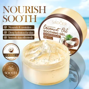 SADOER Coconut Oil Soothing Gel open jar showing clear texture with a tropical beach background.