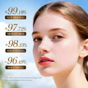 Model with radiant skin highlighting nourishing benefits of SADOER Coconut Oil Soothing Gel.