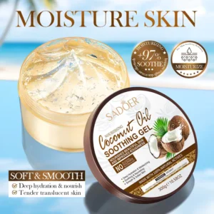 SADOER Coconut Oil Soothing Gel tub showing refreshing clear gel texture for hydrated skin.