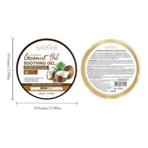 SADOER Coconut Oil Soothing Gel packaging showing front and back labels with product dimensions.
