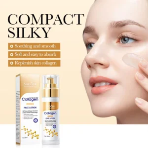 SADOER Collagen Face Lotion packaging and a woman applying the anti-aging moisturizer to her face.
